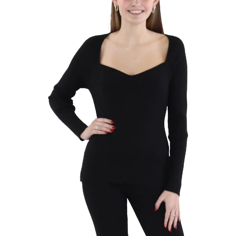 Skye Womens Ribbed Knit Metallic Pullover Sweater High Neck Crew Neck V-Neck