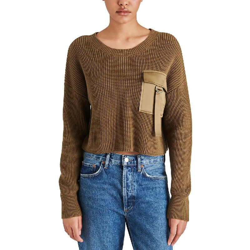 Womens Ribbed Trim Buckle Crewneck Sweater Turtle Neck Boat Neck Asymmetrical Neck
