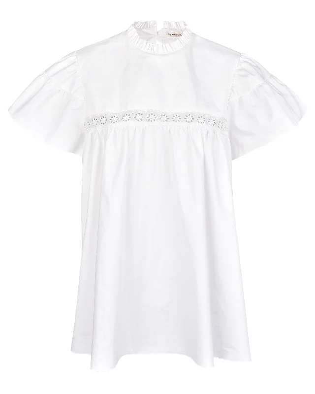 Cap Sleeve Babydoll Blouse - White Feminine Satin Blouse