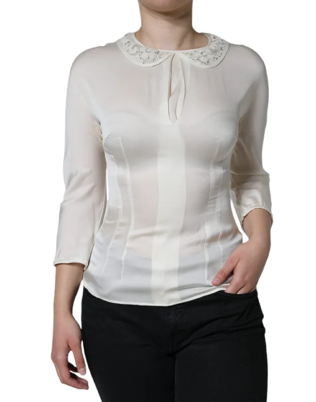 Off White Silk Lace Trimmed 3/4 Sleeves Blouse Top Pleated Collar Blouse
