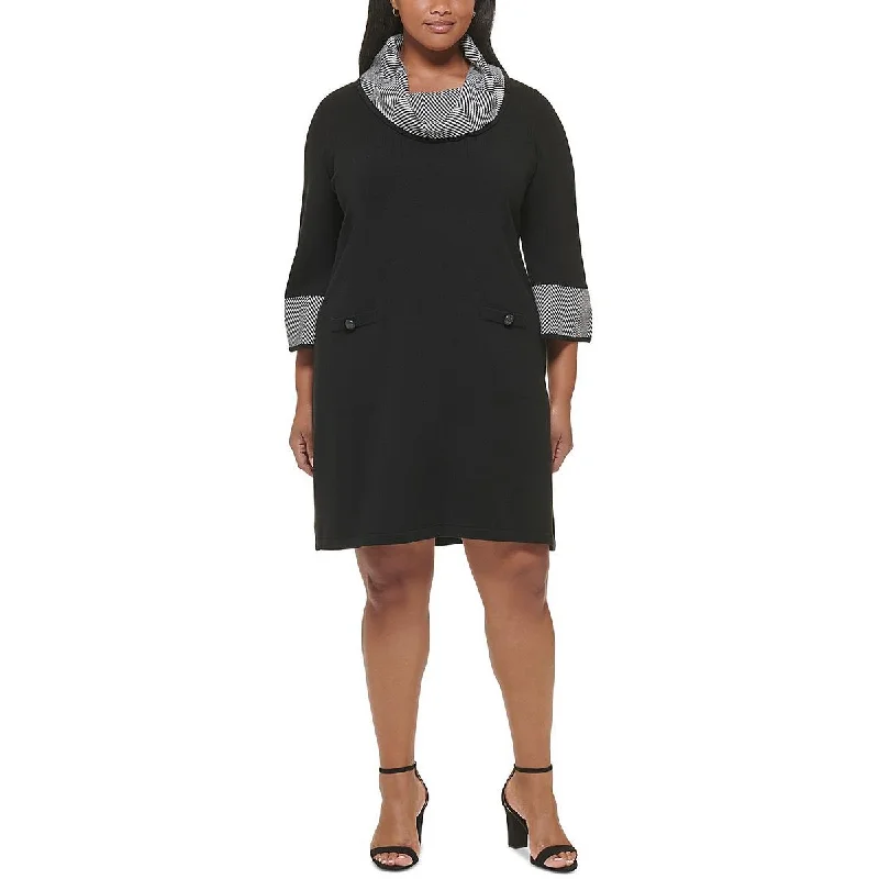 Plus Womens Cowl Neck Shift Sweaterdress Iron Safe Non-Iron Wrinkle Free
