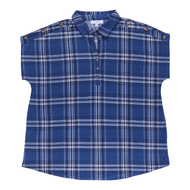 mySTYLE Women's Plus Plaid V-Neck Short Sleeve Button Blouse Embellished Collar Blouse