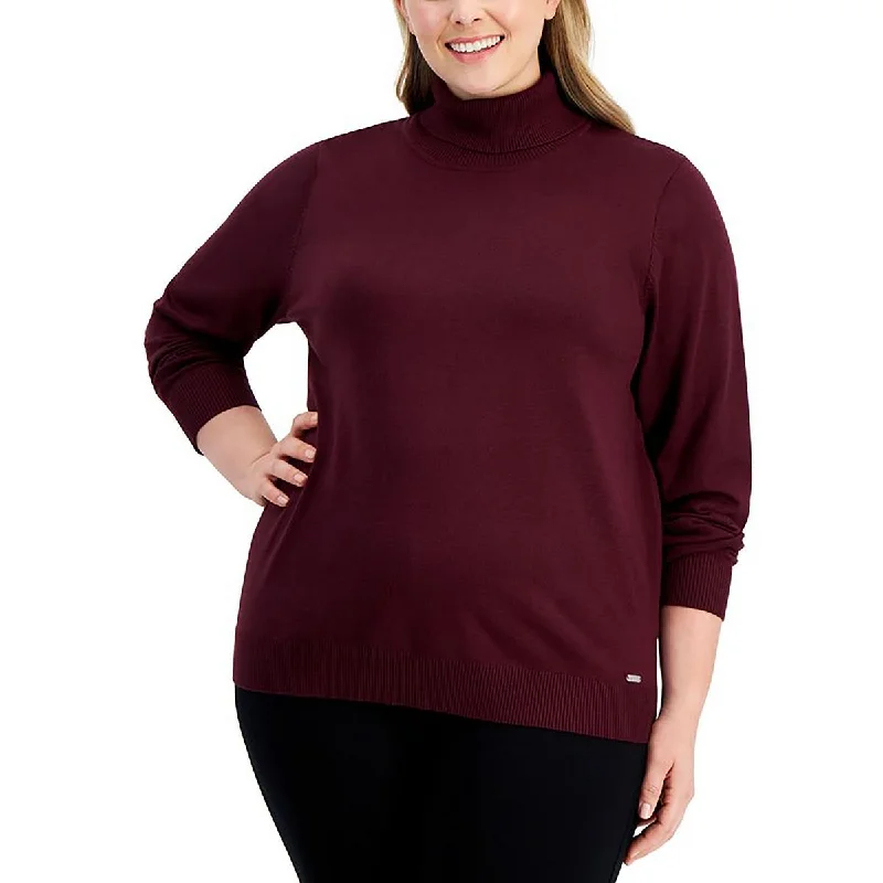 Plus Womens Knit Ribbed Turtleneck Sweater Solid Color Striped Floral Print