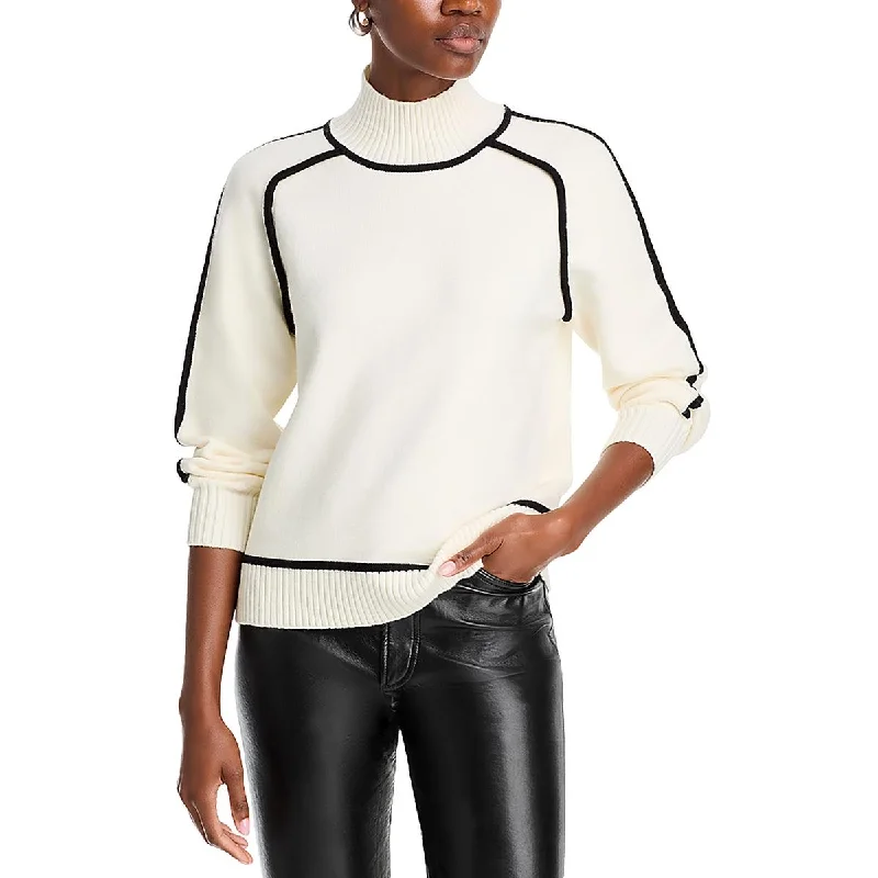 Womens Knit Contrast Trim Mock Turtleneck Sweater Terry Terry Cloth Terry Knit