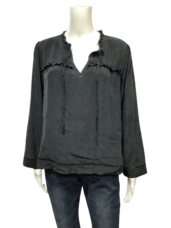Point Sur Women's Blouse BlackTie Front Size: L Puff Sleeve Blouse