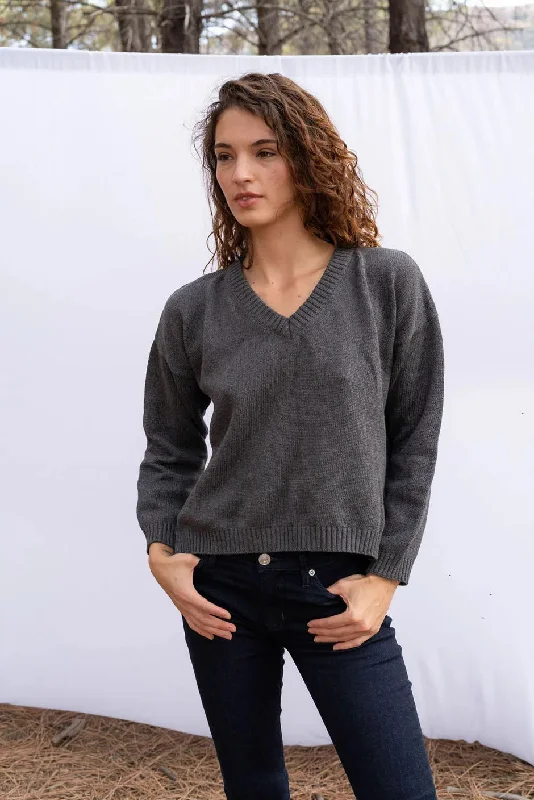Jolene V Neck Sweater in Charcoal Real Fur Shearling Chenille