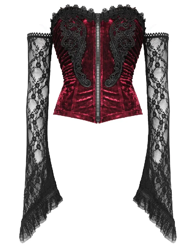 Dark In Love Romantic Gothic Vampire Velvet & Lace Blouse Top - Red & Black Stretchy Fitted Blouse