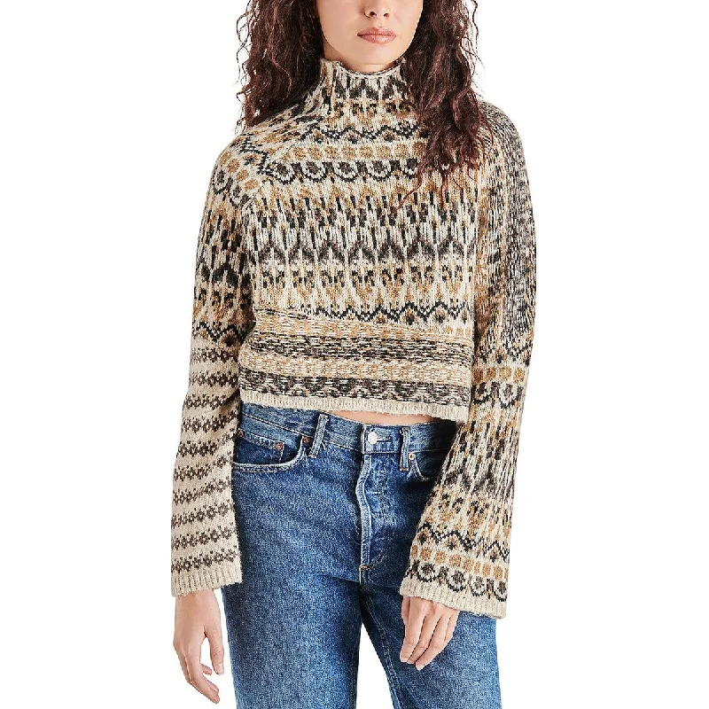 Indie Womens Wool Blend Fair Isle Mock Turtleneck Sweater Neon Metallic Matte