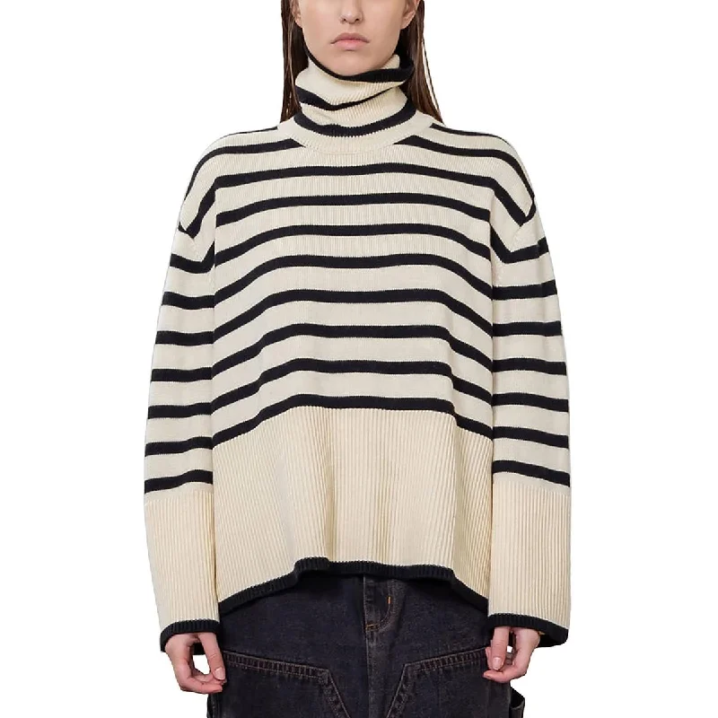 Womens Striped Ribbed Trim Turtleneck Sweater Welt Pockets Slit Pockets Flap Pockets Womens Striped Ribbed Trim Turtleneck Sweater Welt Pockets Slit Pockets Flap Pockets