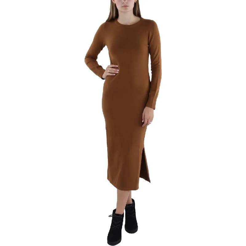Womens Ribbed Trim Mid Calf Sweaterdress Fleece Sweater Nylon Polyester
