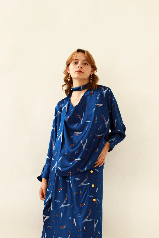 Lily Scarf Blouse 100% Silk - Blue Red Prints Modern Work Blouse