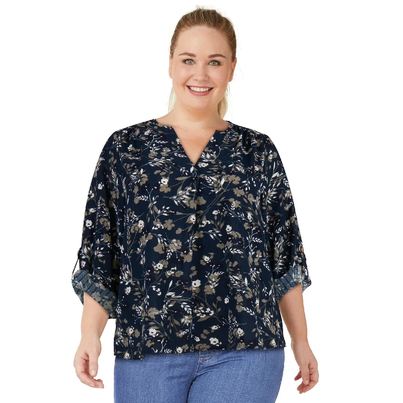 lily morgan Women's Plus V-Neck Roll-Tab Blouse Romantic Lace Blouse