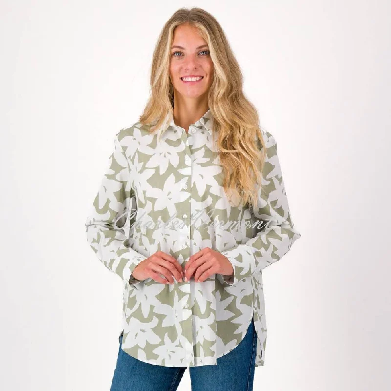 Just White Floral Blouse - Style N2824 (Khaki / Off-white) Flowy Bohemian Blouse