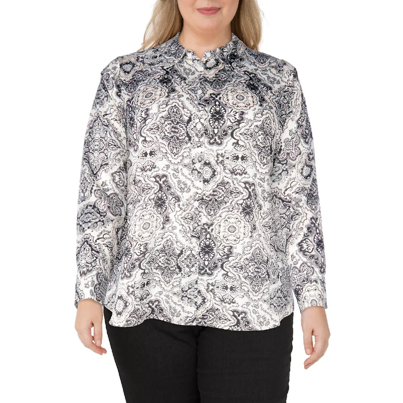 lily morgan Women's Plus Trendsetters All-Over Print Satin Blouse Balloon Sleeve Blouse