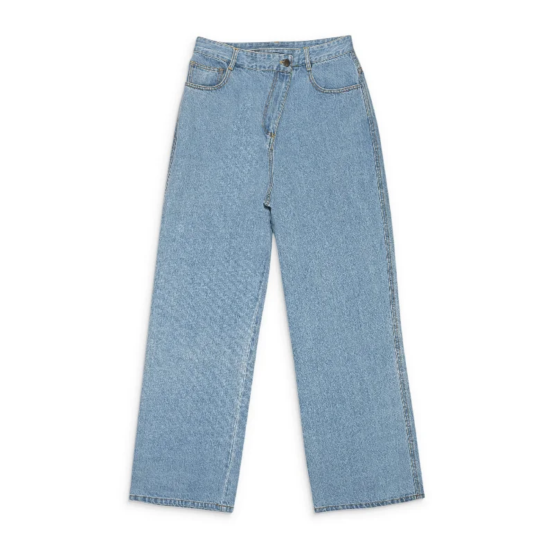 CALLIPYGIAN WASHED WIDE LEG SLANTED FLY BLUE WIDE-LEG JEANS Fashionable Raw Hemmed Jeans CALLIPYGIAN WASHED WIDE LEG SLANTED FLY BLUE WIDE-LEG JEANS Fashionable Raw Hemmed Jeans