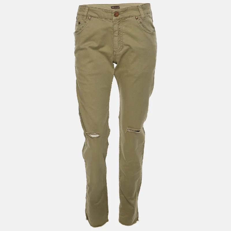 Roberto Cavalli Olive Green Ripped Denim Jeans Fashionable White Denim Jeans
