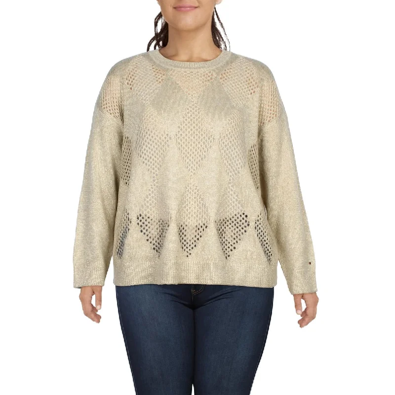 Plus Womens Open Stitch Argyle Crewneck Sweater Tailored Straight A-Line