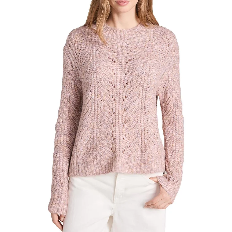 Womens Ribbed Trim Cozy Crewneck Sweater Mesh Sweater Canvas Denim