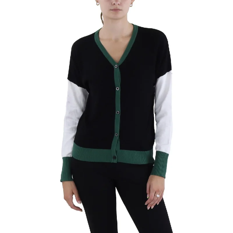 Womens Contrast Trim Colorblock Cardigan Sweater Fitted Slim Tailored
