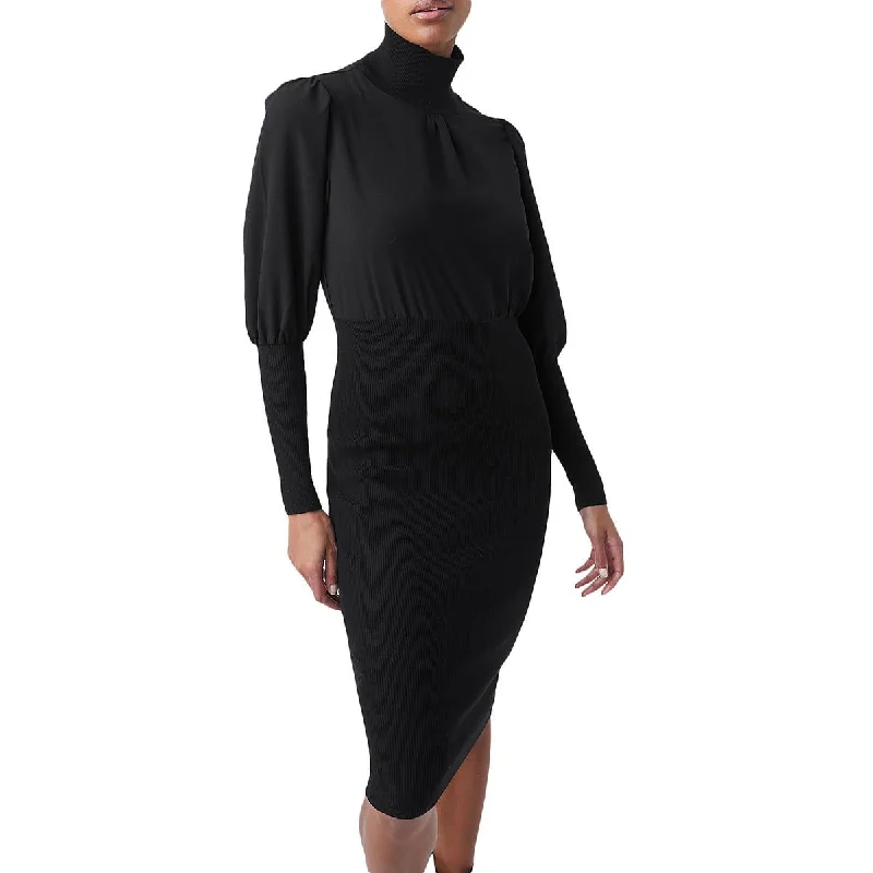 Womens Mixed Media Above Knee Sweaterdress Hooded Sweater Collared Sweater Shawl Collar
