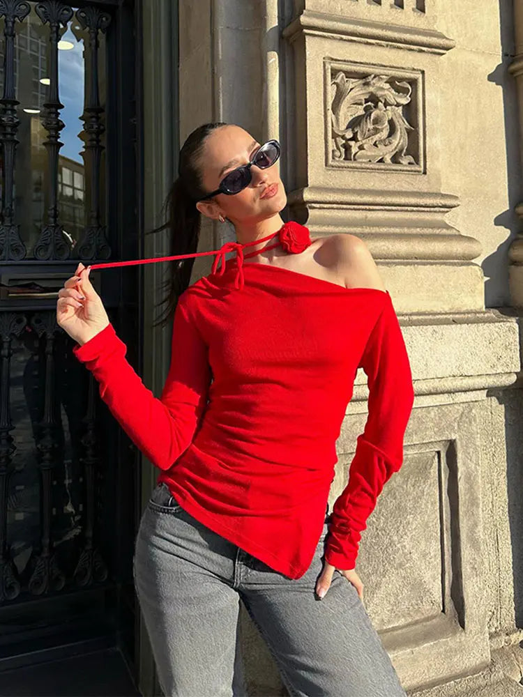 2024 Spring Summer Red Elegant 3d Flower Tops Female Long Sleeve Blouse Feminine Pastel Blouse