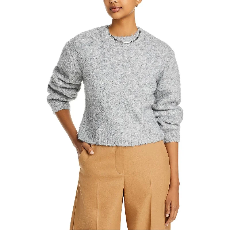 Womens Wool Blend Ribbed Trim Crewneck Sweater Zippered Buttoned Snapped