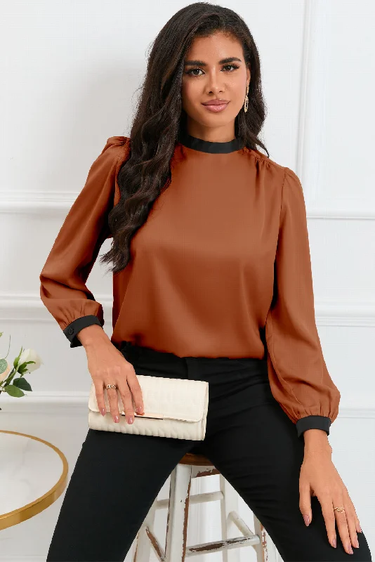 Satin Carmel and black tie blouse Sweetheart Neck Blouse