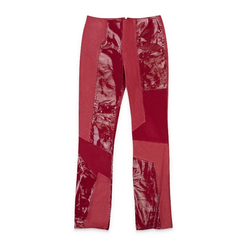 SOS STEVE SMITH LEATHER PATCHWORK RED WOMEN'S BOOTCUT JEANS Elegant Raw Hem Jeans