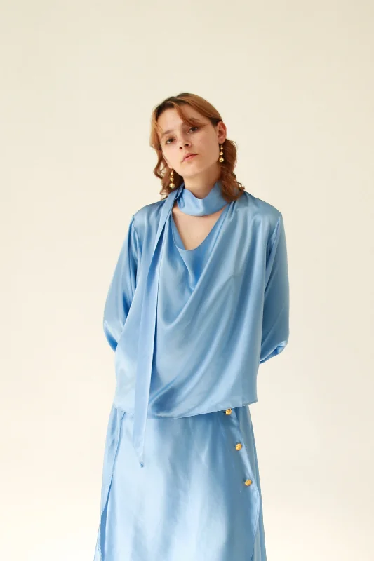 Lily Scarf Blouse 100% Silk - Blue Floral Chiffon Blouse