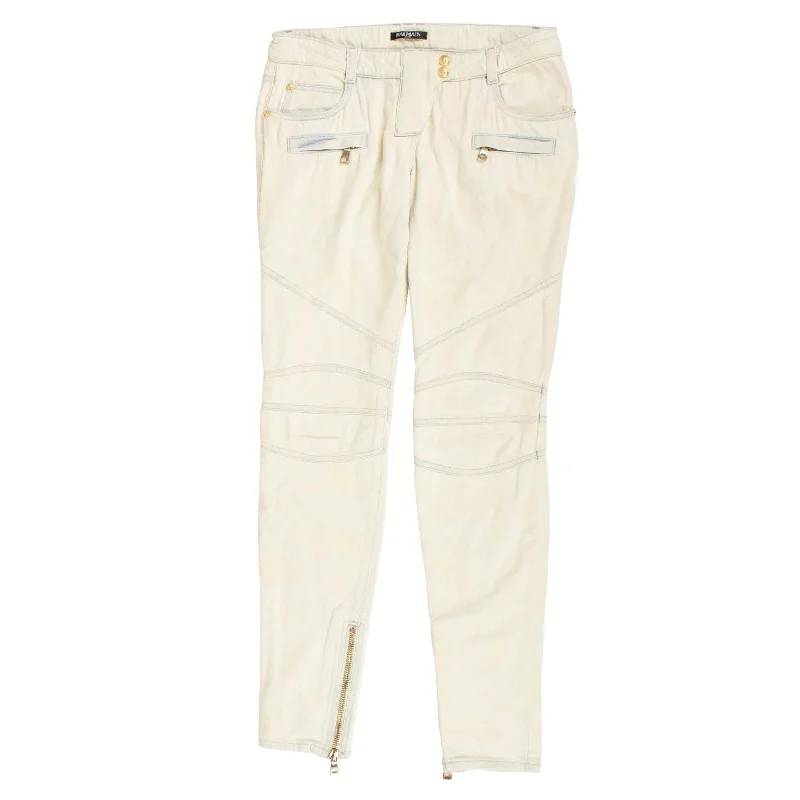 BALMAIN PARIS Light Blue Bleached Moto Jeans Pants Casual Distressed Denim Jeans