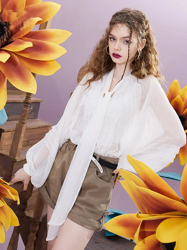 Womens White Loose White Blouse Stylish Wrap Blouse