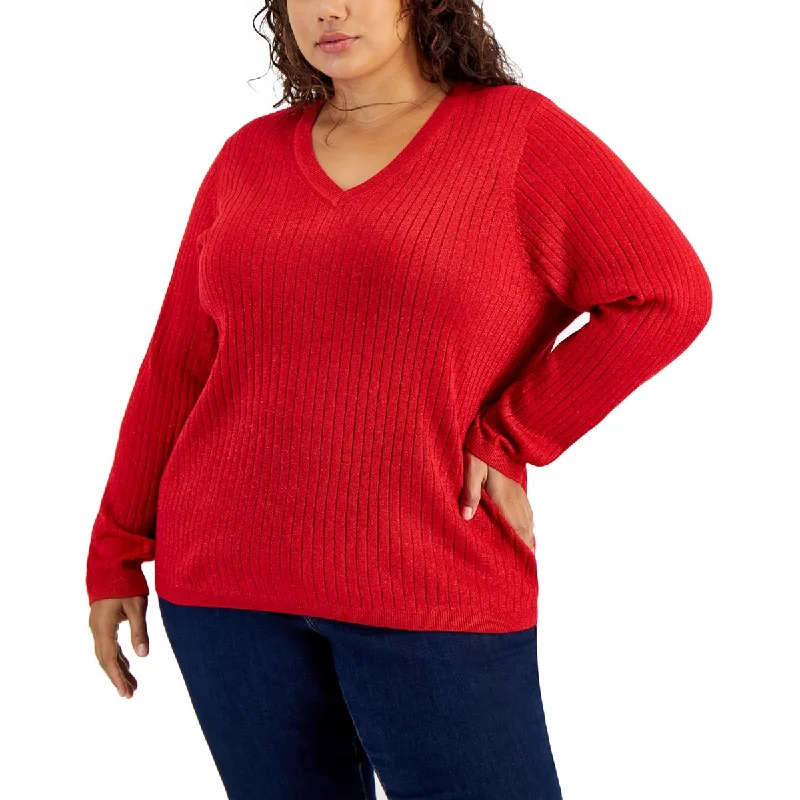 Plus Womens Metallic V-Neck Pullover Sweater Herringbone Houndstooth Plaid