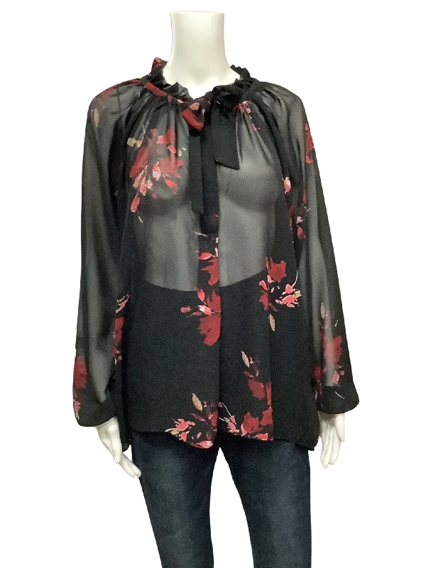 Girlfriend Women's Blouse Black Floral Print Sheer Size: Medium Business Casual Blouse