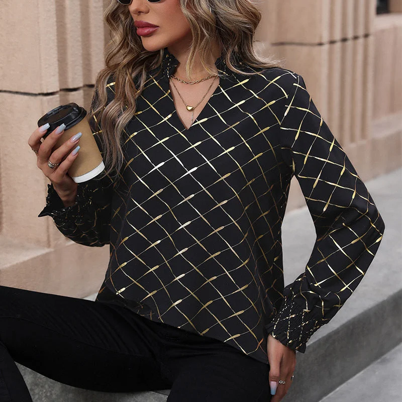 IKEARLAX long-sleeved women's tops, 2025  women's clothing, new spot printed shirts, autumn blouses wholesale Chic Ruffle Blouse