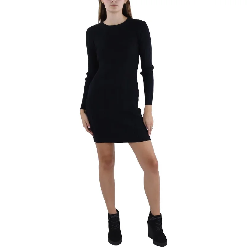 Womens Ribbed Above Knee Sweaterdress Houndstooth Herringbone Solid
