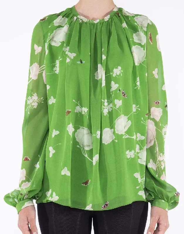 Long Sleeve Georgette Jardins Print Blouse Elegant Embroidery Blouse