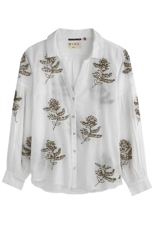 Olive  Rice Embroidery Blouse Delicate Bow Blouse