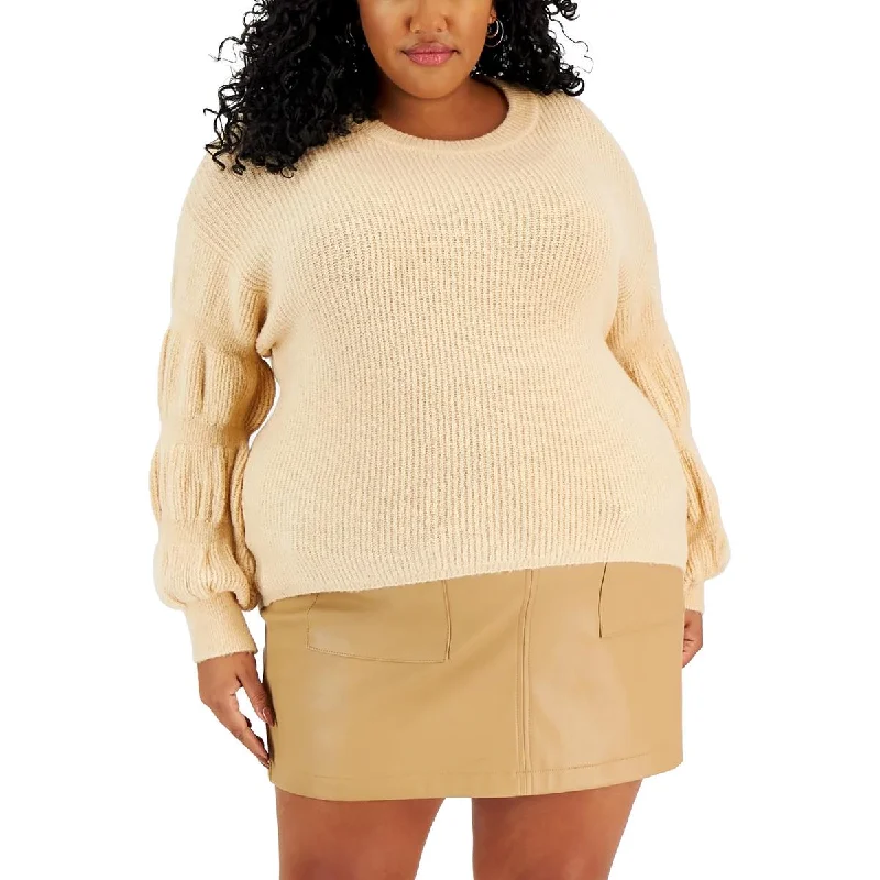 Plus Womens Knit Puff Sleeve Pullover Sweater Denim Fabric Leather Fabric Suede Fabric
