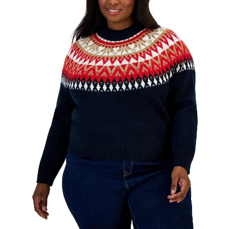 Plus Womens Knit Metallic Pullover Sweater Welt Pockets Slit Pockets Flap Pockets