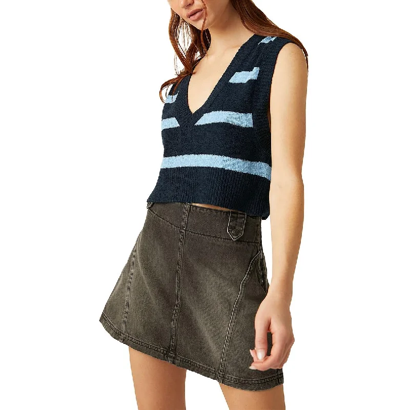 Santa Monica Womens V Neck Striped Crop Sweater Fleece Sweater Nylon Polyester