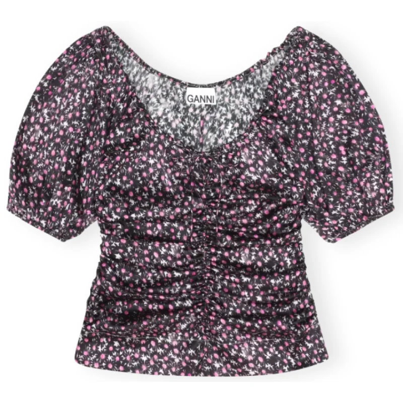 Satin Ruched Floral Blouse Embroidered Floral Blouse
