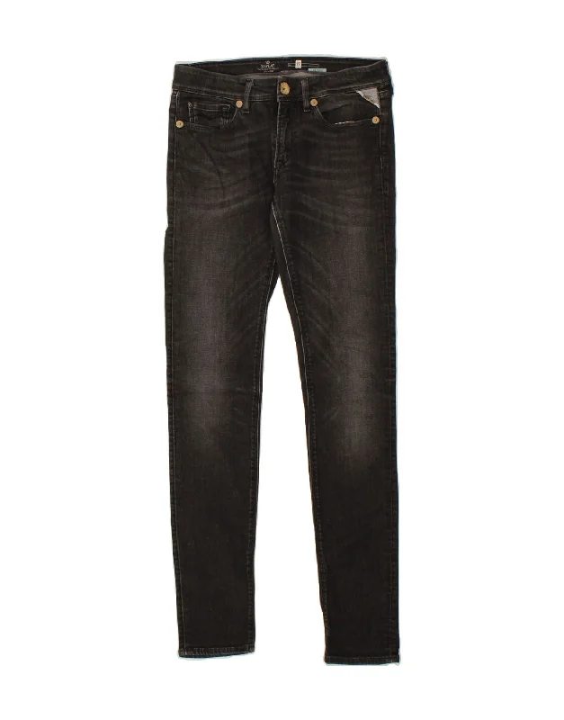 REPLAY Womens Skinny Jeans W27 L31 Black Fashionable Frayed Hem Denim
