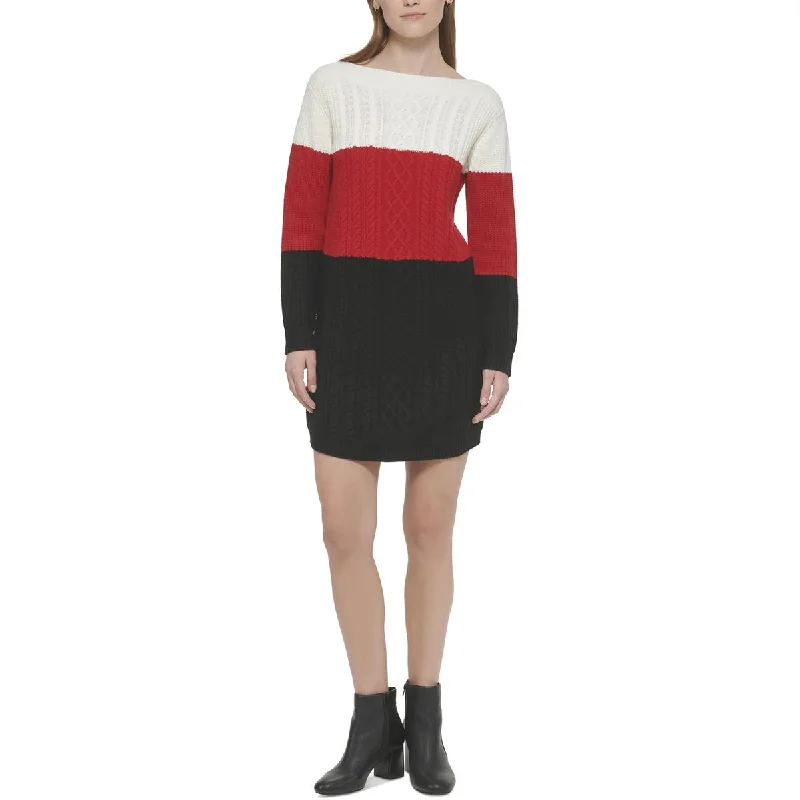 Womens Cable Knit Mini Sweaterdress Solid Print Embellished