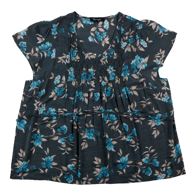 lily morgan Women's Plus Tropical Printed Pintuck Blouse Delicate Bow Blouse
