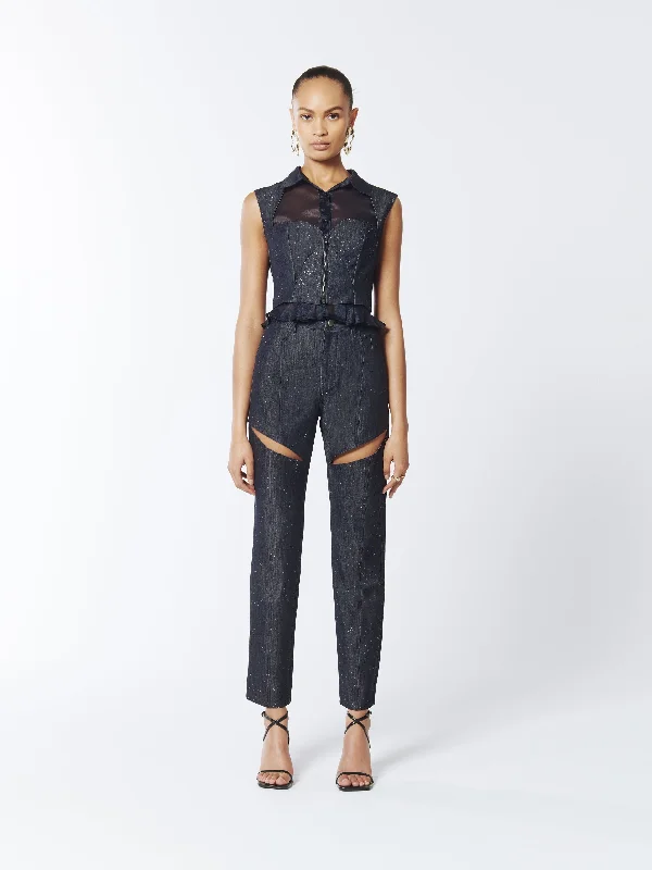 Composite Sparkly Denim Bustier Blouse in Profound Blue Satin Drape Blouse