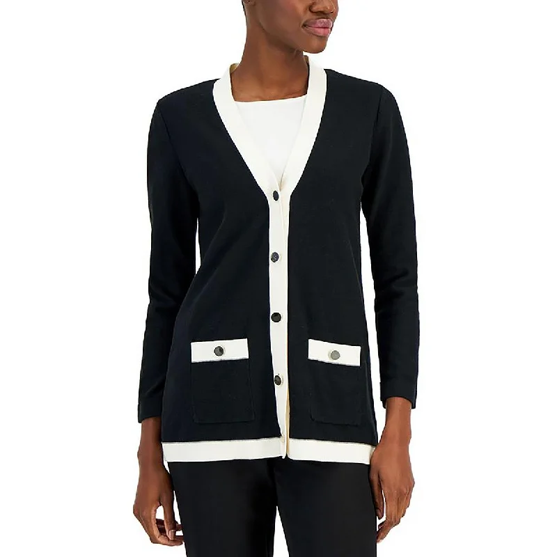 Petites Womens Knit Contrast Cardigan Sweater Fleece Fabric Down Fabric Feather Fabric