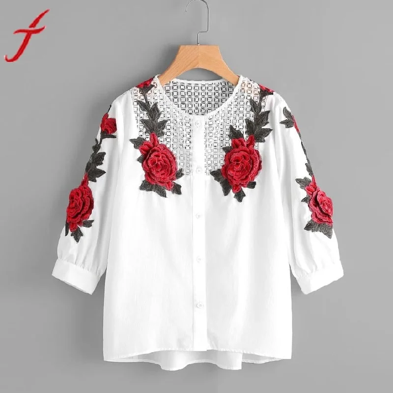 Lady Long Sleeve Rose Floral Blouse Shirt Silky Tunic Blouse