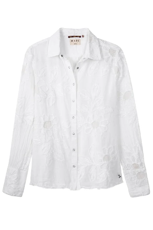 White Isla Flower Applique Blouse Oversized Silk Blouse