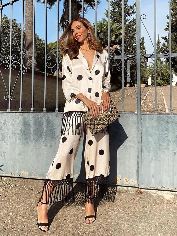 Vacation Outfit Sets Polk Dot Printed Tassels Pant Blouse Two Piece Suit For Women Lightweight Floral Blouse