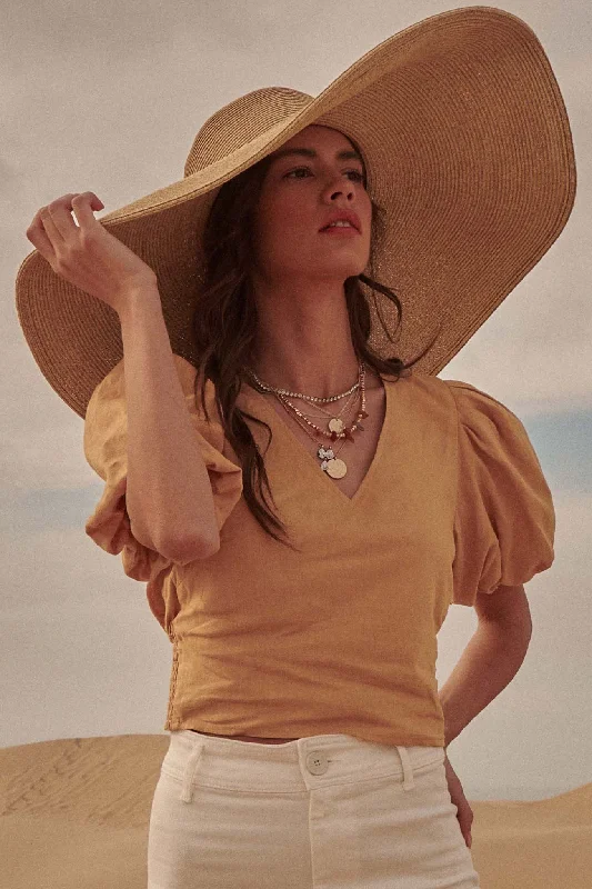 Like a Queen Puff-Sleeve V-Neck Blouse Sleeveless Chiffon Blouse